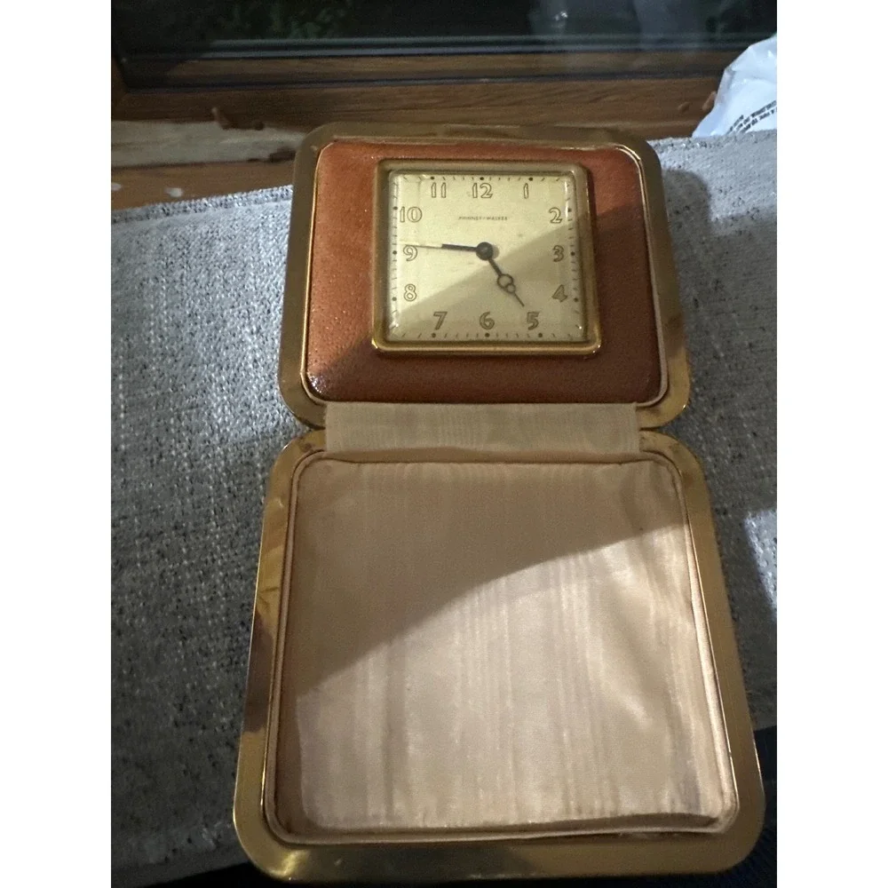 Penney Walker Travel‎ Alarm Clock Brown Leather Case Foldable Square Face 4